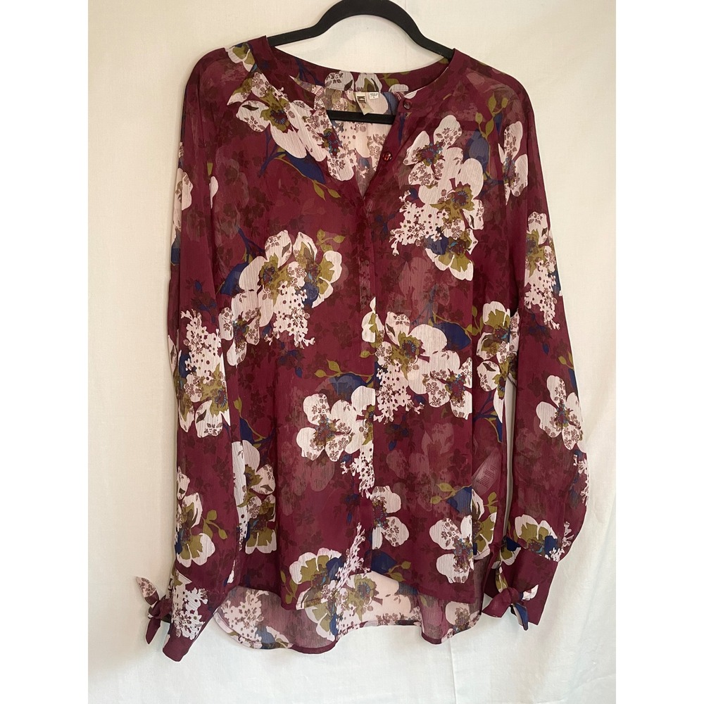 Kut from the Kloth Burgundy Floral Chiffon Blouse Tie Cuff Top Large KT60101 - Picture 2 of 9